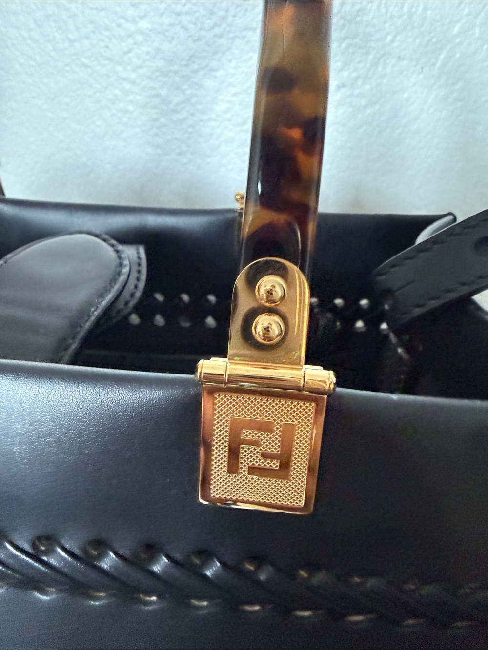 Fendi Black Leather Satchel with Tortoiseshell Handle and Gold Hardware - Picture 3 of 17